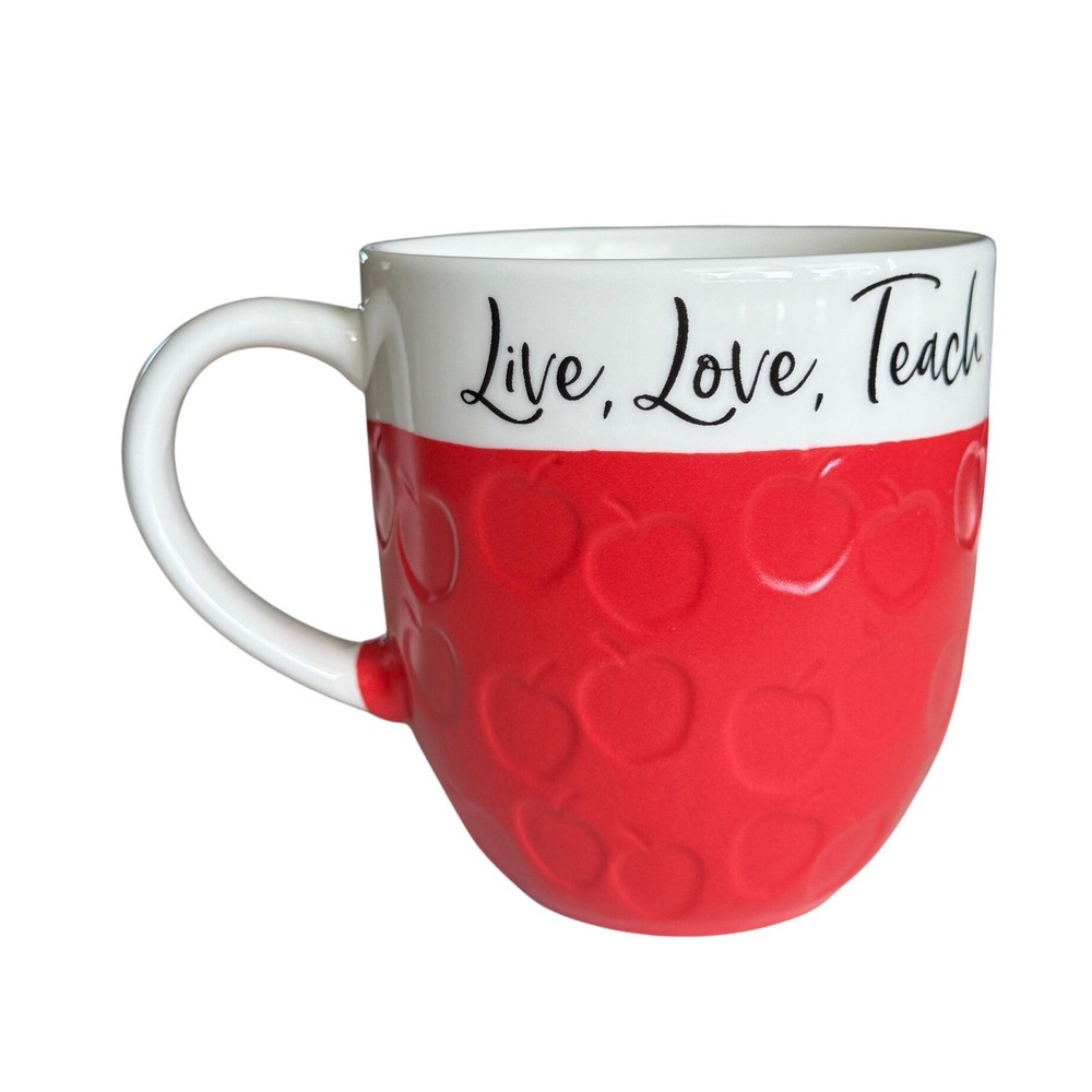 Pfaltzgraff Live Love Teach Mug Red White Apple Embossed Teacher Gift